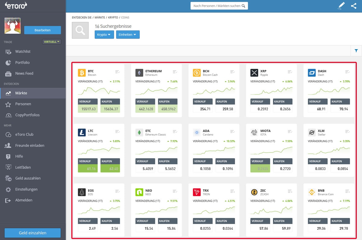Übersicht der Kryptowährungen auf eToro