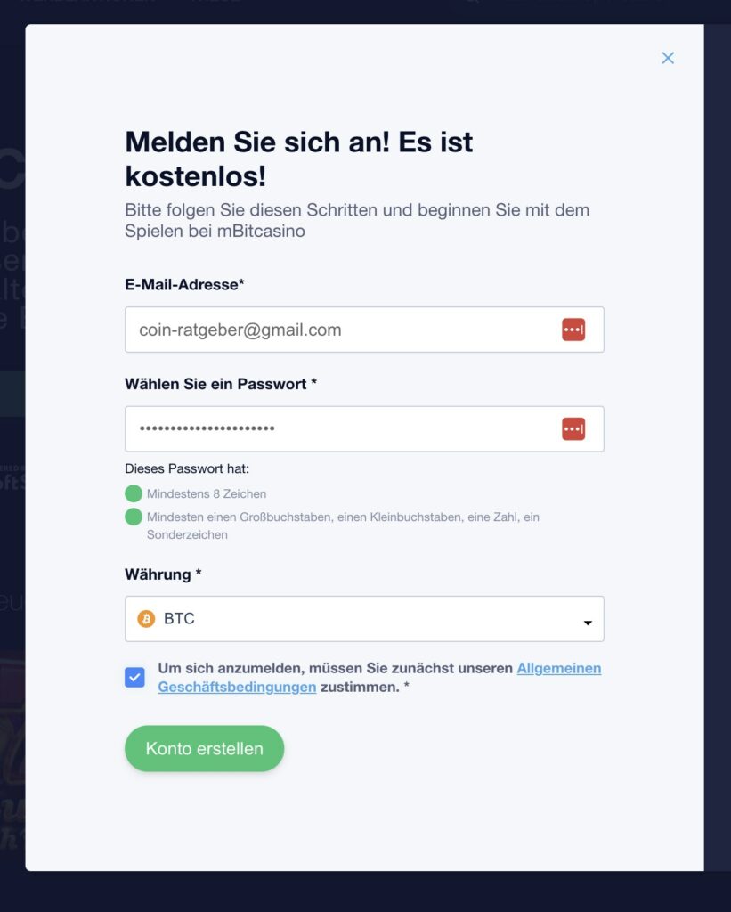 mBit Anmeldemaske zum registrieren