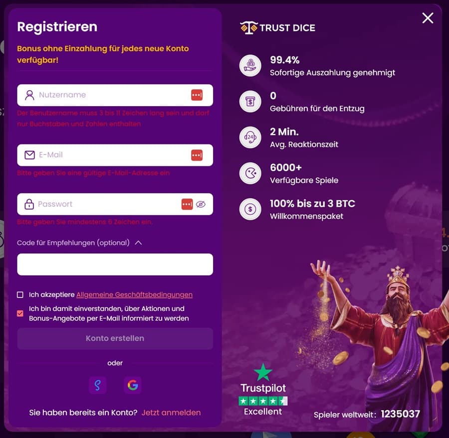 Trustdice Registrierungsformular