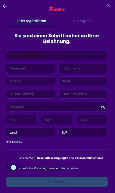 Zinkra Casino Konto Erstellen Schritt 2