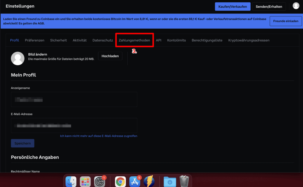 Coinbase Konto Zahlungsmethoden in Einstellungen