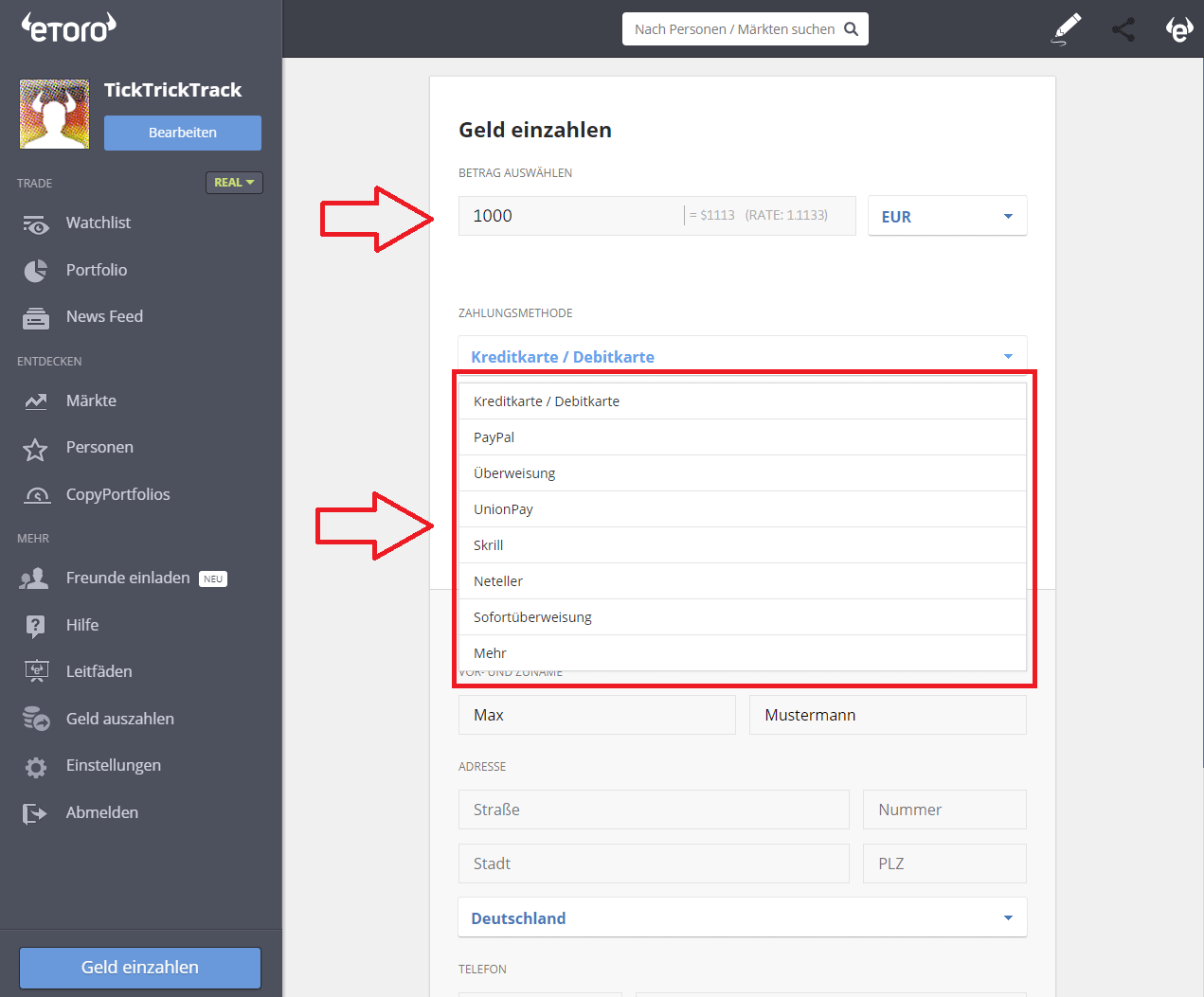 Einzahlungsmethoden eToro