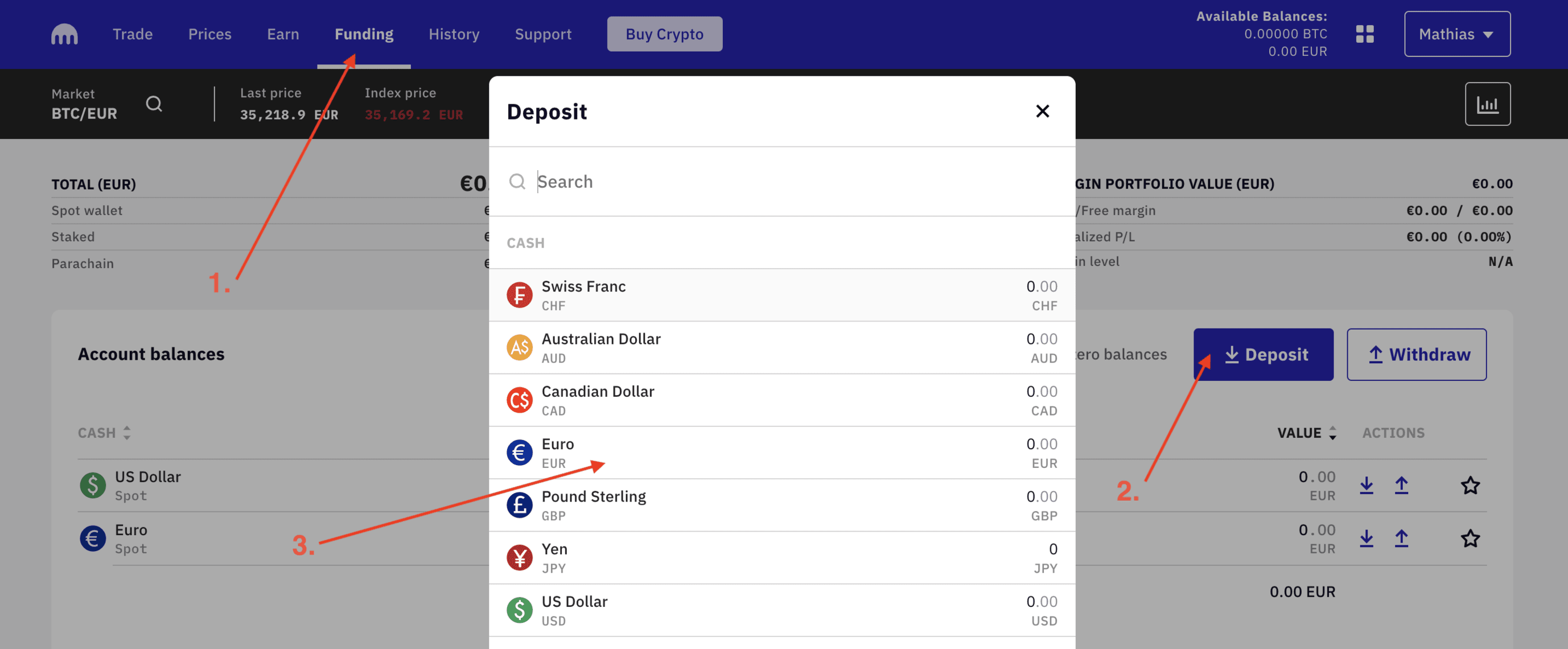 Maske zum Geld einzahlen bei Kraken