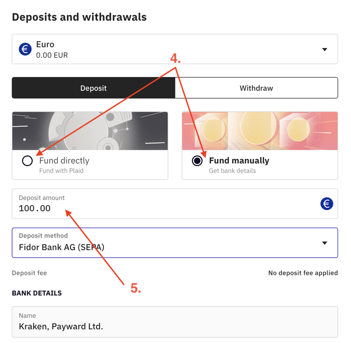 Einzahlung Kraken Auswahl Zahlungsart und Betrag