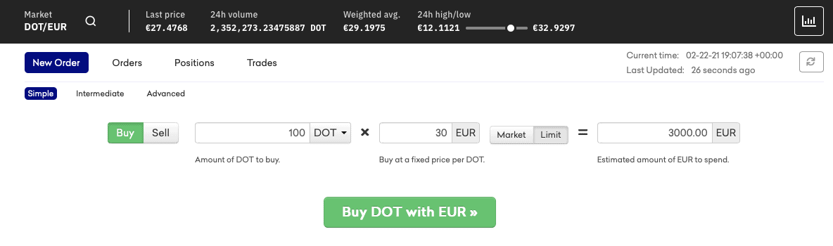 Polkadot kaufen Kraken Transaktionsmaske