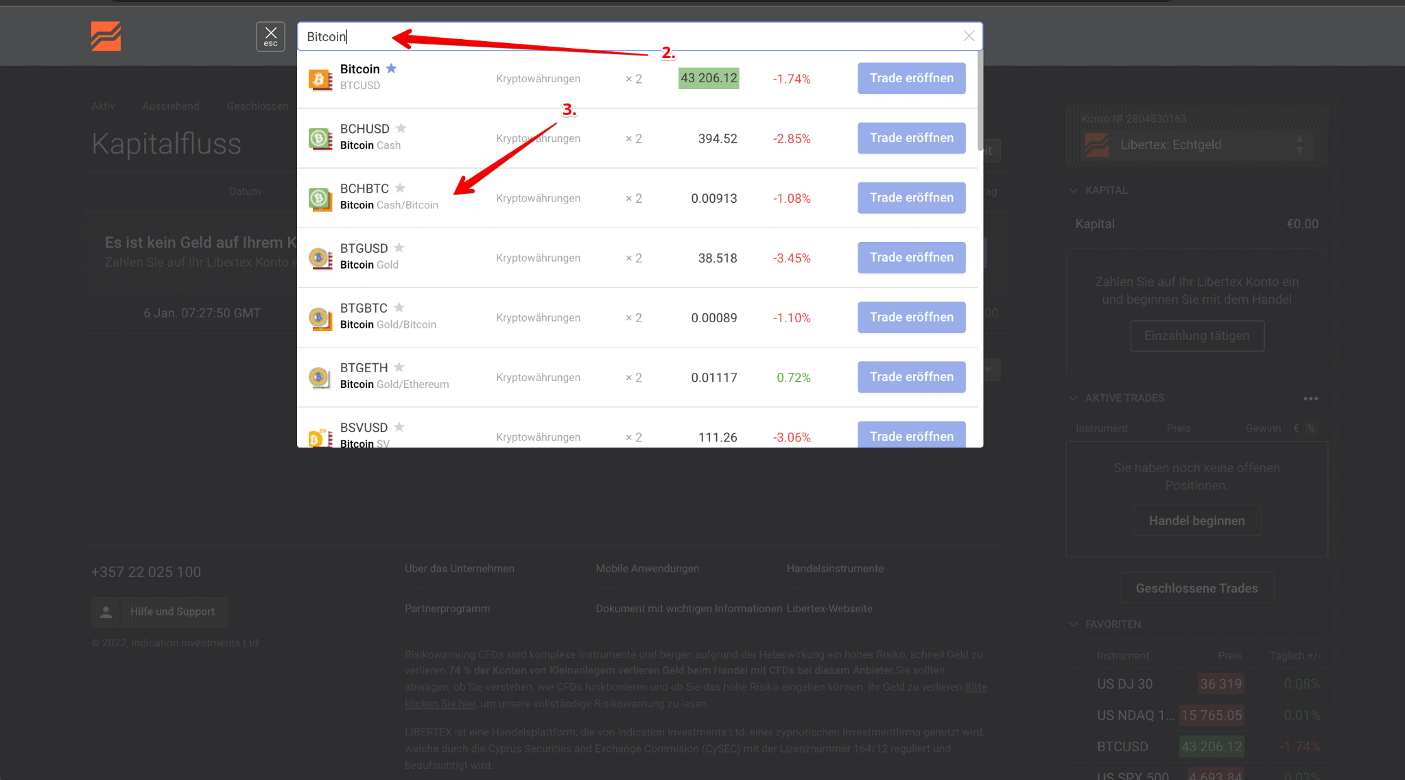 Libertex Kryptowährungen auswählen